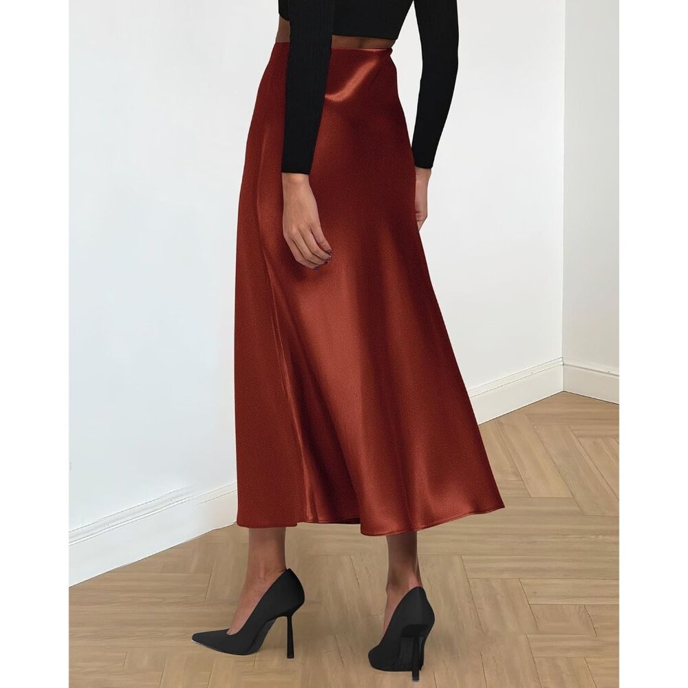 Women's Brown Long Satin Silk Elegant Waist Cocktail Flowy A-Line Midi Skirt - Picture 3 of 6